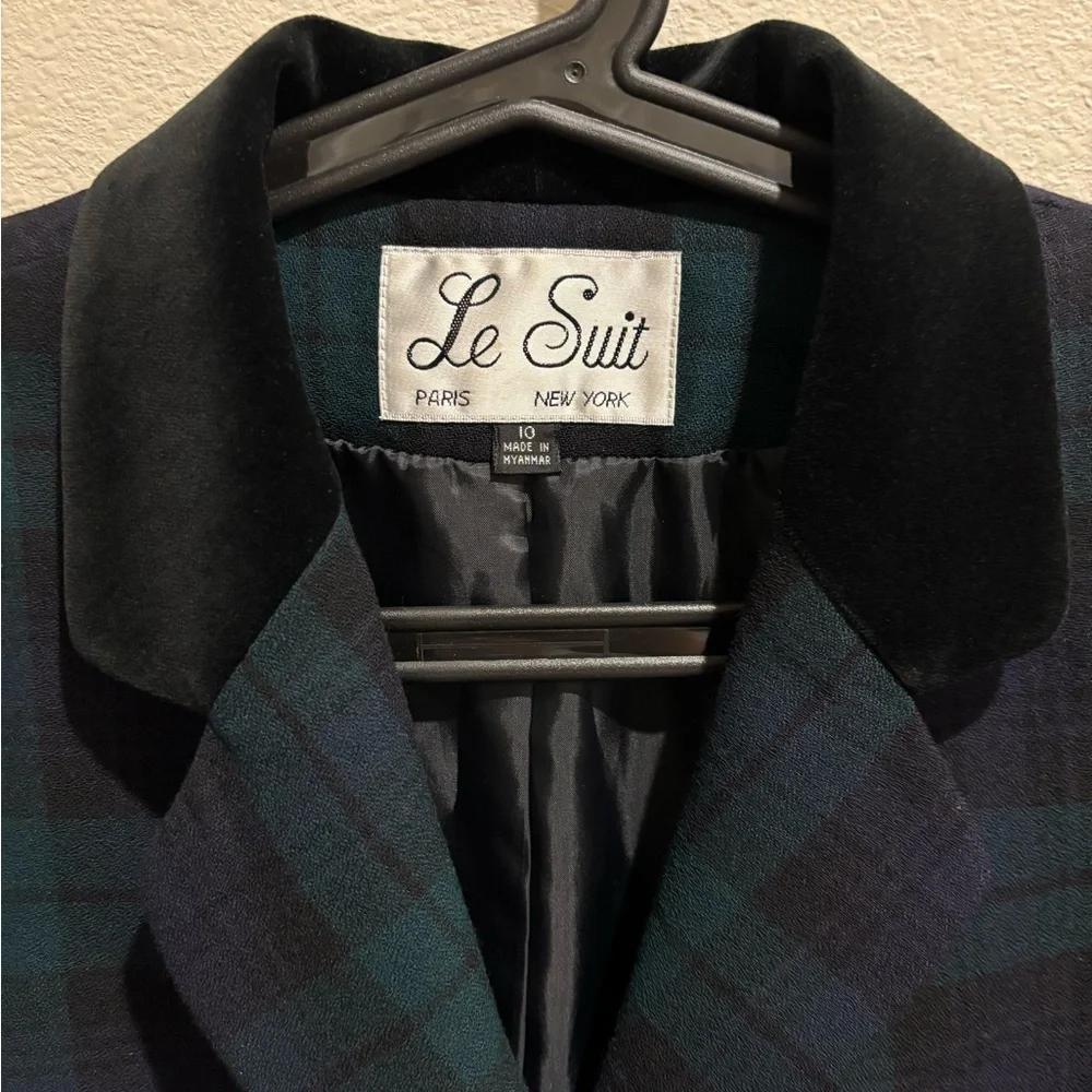 Vintage Le Suit Women's Navy and Green Tartan Blazer Size 10 - Picture 3 of 5